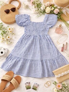 Old Navy Blue White Striped Smocked Dress XXL Stretch Puff Sleeve Cottagecore